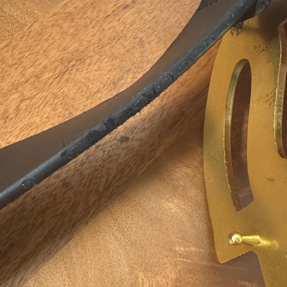 YSL Yves Saint Laurent Belt Brass Logo Black Leather - Picture 12 of 13